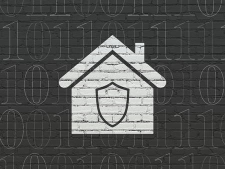 Finance concept: Painted white Home icon on Black Brick wall background with  Binary Codeの写真素材