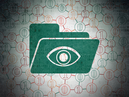 Finance concept: Painted green Folder With Eye icon on Digital Data Paper background with Scheme Of Binary Codeの写真素材