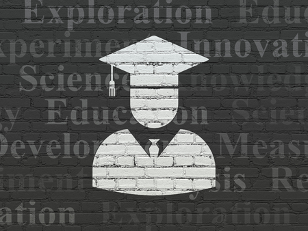Science concept: Painted white Student icon on Black Brick wall background with  Tag Cloudの写真素材