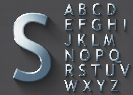 Set of polished steel 3D uppercase english letters. Steel metallic shiny font on gray background. Good typeset for technology and production concepts. Transparent shadow, EPS 10 vector illustration.のイラスト素材