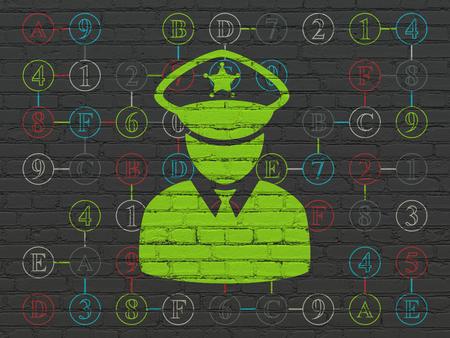 Protection concept: Painted green Police icon on Black Brick wall background with Scheme Of Hexadecimal Codeの写真素材
