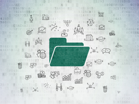 Business concept: Painted green Folder icon on Digital Data Paper background with  Hand Drawn Business Iconsの写真素材