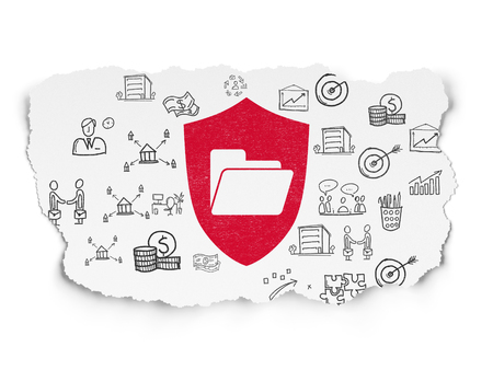 Business concept: Painted red Folder With Shield icon on Torn Paper background with  Hand Drawn Business Iconsの写真素材