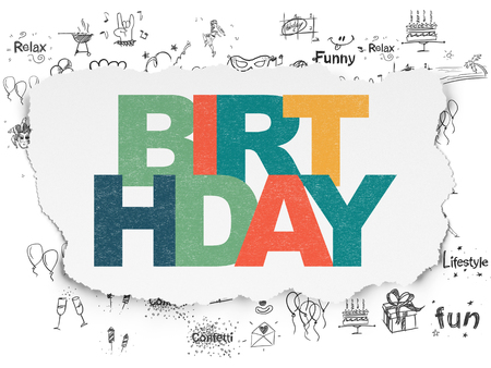Entertainment, concept: Painted multicolor text Birthday on Torn Paper background with  Hand Drawn Holiday Iconsの写真素材