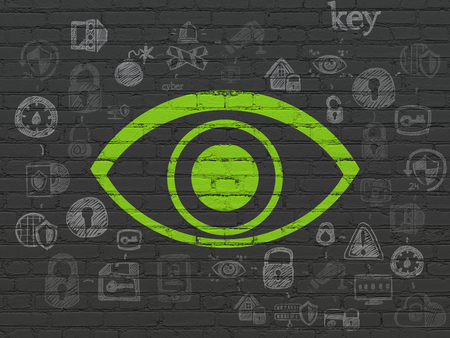 Protection concept: Painted green Eye icon on Black Brick wall background with Scheme Of Hand Drawn Security Iconsの写真素材