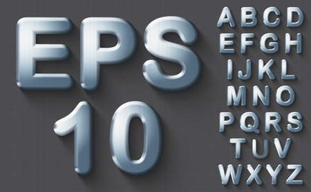 Set of polished steel 3D uppercase bold english letters. Steel metallic font on gray background. Good typeset for technology and production concepts. Transparent shadow, vector illustration.のイラスト素材