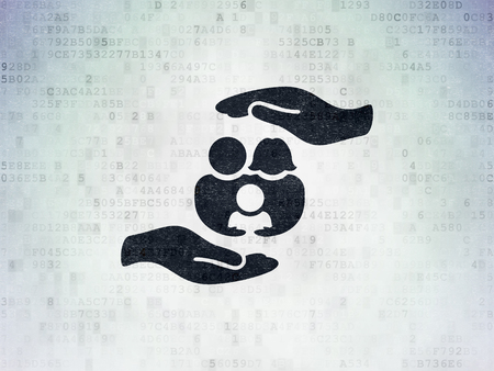Insurance concept: Painted black Family And Palm icon on Digital Data Paper backgroundの写真素材