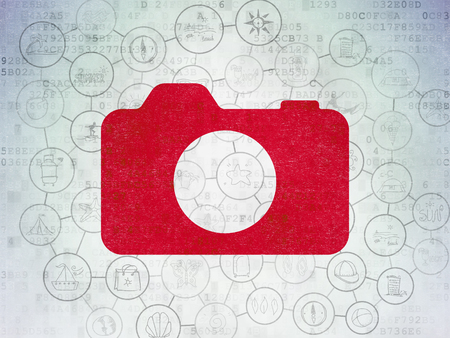 Tourism concept: Painted red Photo Camera icon on Digital Data Paper background with Scheme Of Hand Drawn Vacation Iconsの写真素材