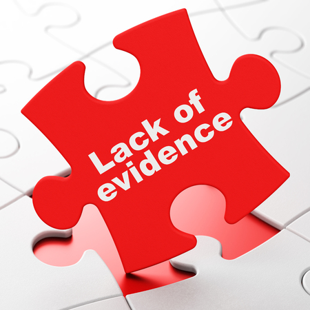 Law concept: Lack Of Evidence on Red puzzle pieces background, 3D renderingの写真素材
