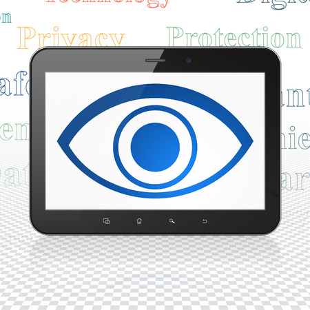 Security concept: Tablet Computer with  blue Eye icon on display,  Tag Cloud background, 3D renderingの写真素材