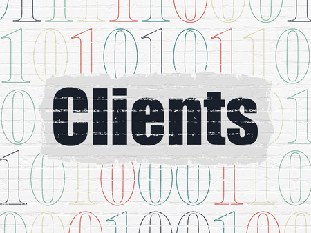 Finance concept: Painted black text Clients on White Brick wall background with  Binary Codeの写真素材