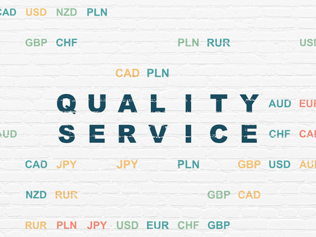 Business concept: Painted blue text Quality Service on White Brick wall background with Currencyの写真素材