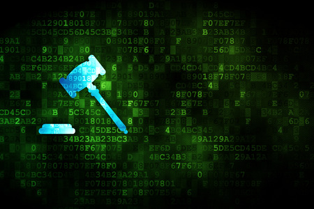 Law concept: pixelated Gavel icon on digital background, empty copyspace for card, text, advertisingの写真素材