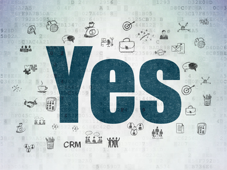 Business concept: Painted blue text Yes on Digital Data Paper background with  Hand Drawn Business Iconsの写真素材