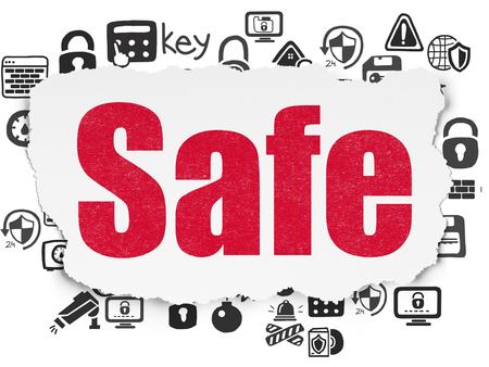 Safety concept: Painted red text Safe on Torn Paper background with  Hand Drawn Security Iconsの写真素材