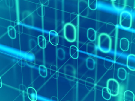 Information technology or big data abstract background. Binary code in digital 3d gird. Data flow in...