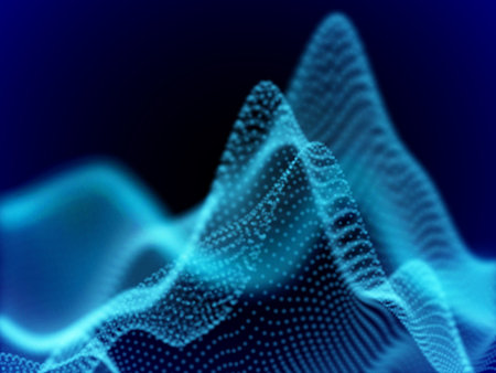 Digital landscape with flowing dots. 3D particle sound waves. Big data abstract visualization:...
