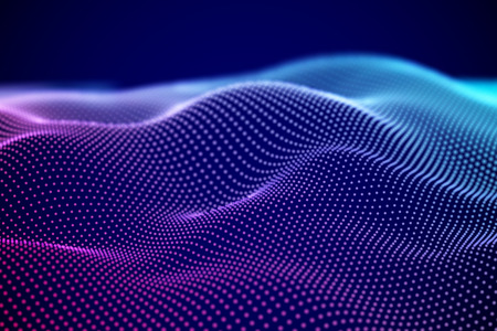 Abstract digital landscape or soundwaves with flowing particles. Big data technology background. Visualization of sound waves. Virtual reality concept: 3D digital surface. EPS 10 vector illustration.のイラスト素材