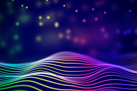 3D Sound waves with floating particles. Data abstract visualization. Digital concept: virtual landscape. Futuristic background. Colored sound waves, audio waves equalizer,   vector illustrationのイラスト素材