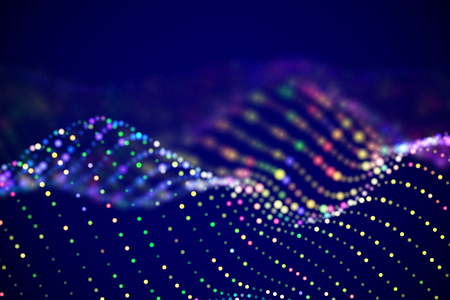 Abstract digital landscape or soundwaves with flowing particles. Big data technology background. Visualization of sound waves. Virtual reality concept: 3D digital surface. EPS 10 vector illustration.の写真素材