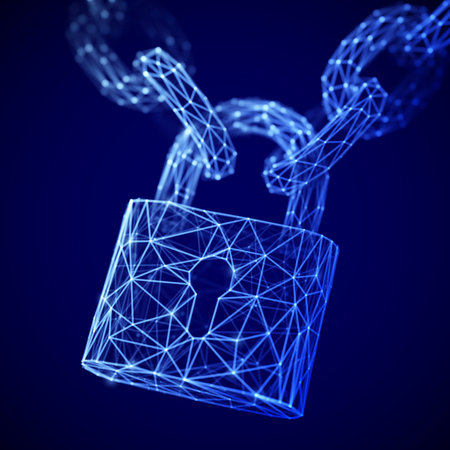 The concept of digital security and data protection: a polygonal closed lock on the chain. Secure...