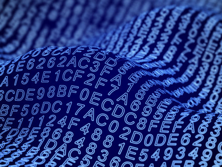 Hexadecimal code on waves at sea of digital information. Abstract visualization of digital sound or...