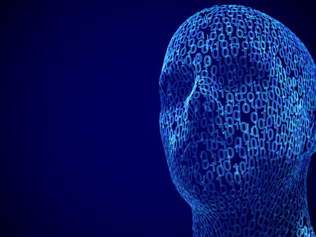 Artificial intelligence or deep machine learning concept: male face consisting of binary code....