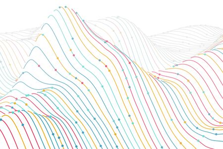 3D digital colored wireframe landscape on white background. Sound waves abstract visualization. Concept of big data charts analysis and information technology. Vector illustration of sound waves flow.のイラスト素材