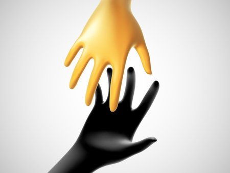 Two 3D hands taking each other on white background. Concept of help, charity, business assistance and partnership. Golden fortune hand reaches for black hand. Vector illustration of helping gesture.のイラスト素材