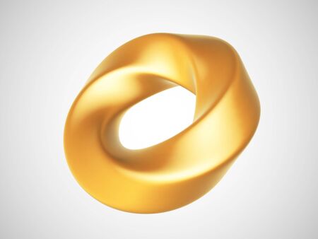 3D golden deformed torus isolated on white background. Glamorous and luxury golden decoration element. Vector illustration of torus geometric shape.のイラスト素材