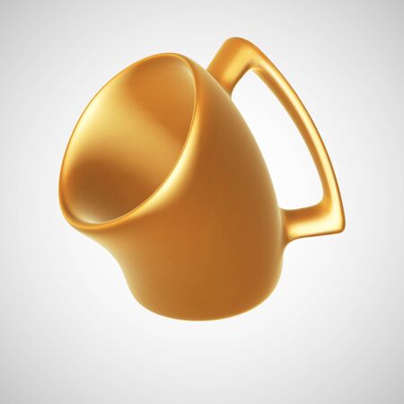 3D golden comic mug isolated on white background. Humorous cartoon coffee or beer mug made of gold. Funny vector illustration of curved tea cup.のイラスト素材