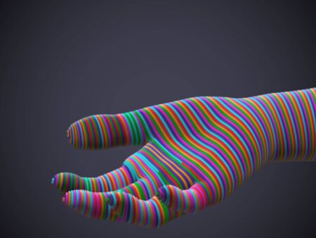 Palm woven from multicolored glowing digital threads. Assistance or inviting gesture. Concept of online support. Information technology or artificial intelligence background. Vector illustration.のイラスト素材