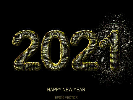 Happy New Year greeting glamorous postcard: 3D golden glittering text 2021 on black background. Concept of 2021 New Year celebration. New Year festive vector illustration.のイラスト素材