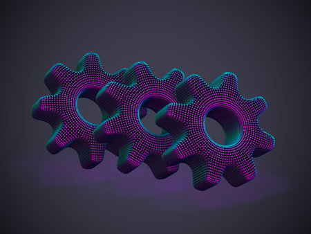 3D digital gears on gray background. Abstract vector illustration of futuristic cogwheels made of...