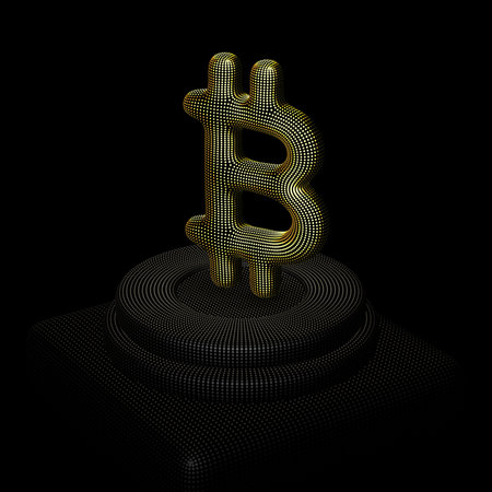 Golden 3D Bitcoin sign standing on pedestal. Concept of blockchain technology, crypto investment business and stock trade: Bitcoin cryptocurrency sign made of yellow dots. Vector illustration, EPS 10.のイラスト素材