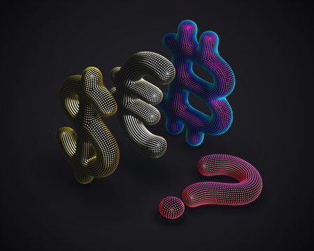 3D digital Euro, Dollar and Bitcoin symbol with question sign on black background. Concept of...