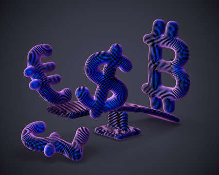 Bitcoin cryptocurrency 3D logo outweighs dollar, euro and pound signs on swing on gray background. Cryptocurrency value growth and stock exchange trading concept. Vector illustrationのイラスト素材