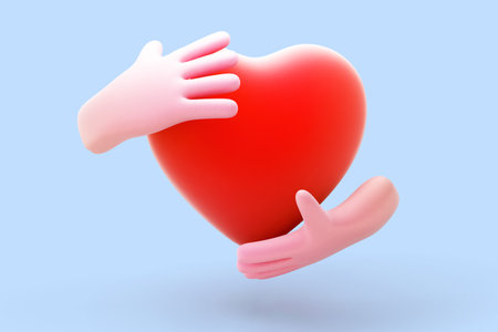 3D cartoon human hands hugging red heart on blue background.