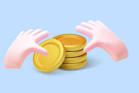 3D cartoon human hands count golden coins.のイラスト素材