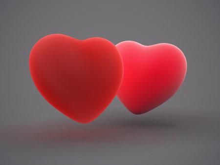 Two 3D red hearts shape on grey background.のイラスト素材