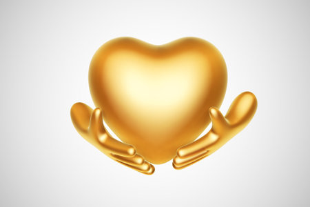 3D cartoon human hands holding gold heart on light background.のイラスト素材