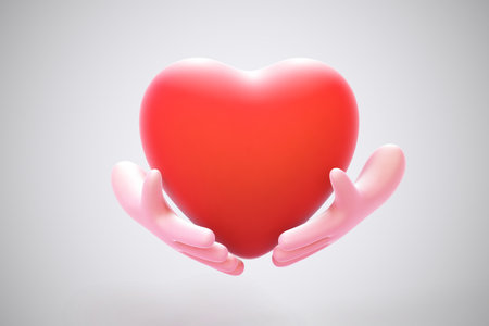3D cartoon human hands holding red heart on grey background.のイラスト素材