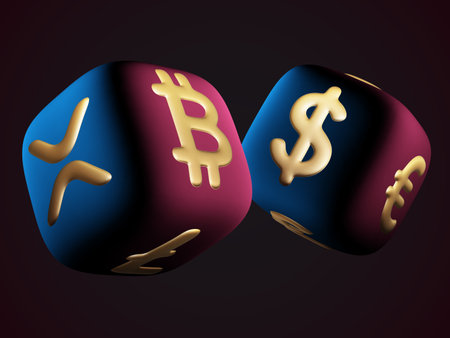 Red 3D dices with crypto logos Bitcoin, Litecoin and Dollar signのイラスト素材