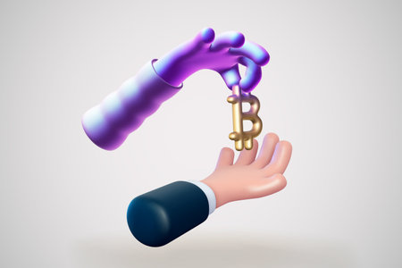 3D cartoon digital hand giving Bitcoin cryptocurrency signのイラスト素材