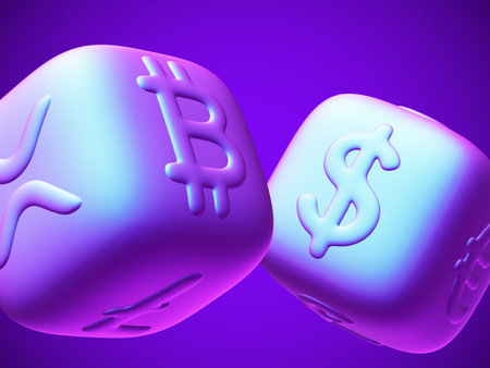Pink 3D dices with crypto logos Bitcoin, Litecoin and Dollar signのイラスト素材