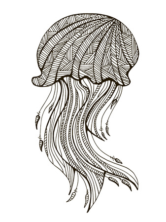 Hand drawn jellyfish for adult Coloring Page  . Uncolored stylized jellyfish illustration isolated on white background vectorのイラスト素材