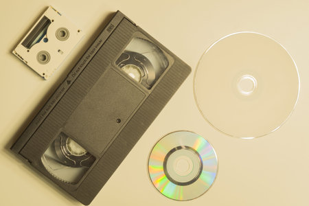 Various media types. compact disc. video tape. digital video cassette. media types evolution