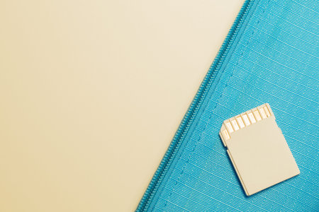 Memory card isolated on blue background. Sd card and copy space