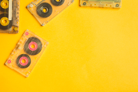 Retro cassette tape on the yellow background. copy spaceの写真素材
