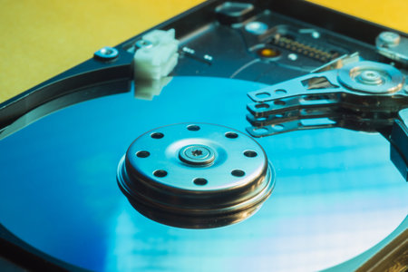 Colorful hdd. open hard disk drive. the concept of data storage. data array. hard drive from the...